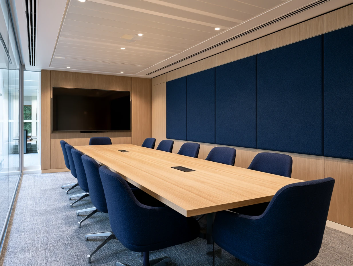 Salle de réunion avec longue table en chêne et fauteuils bleu marine