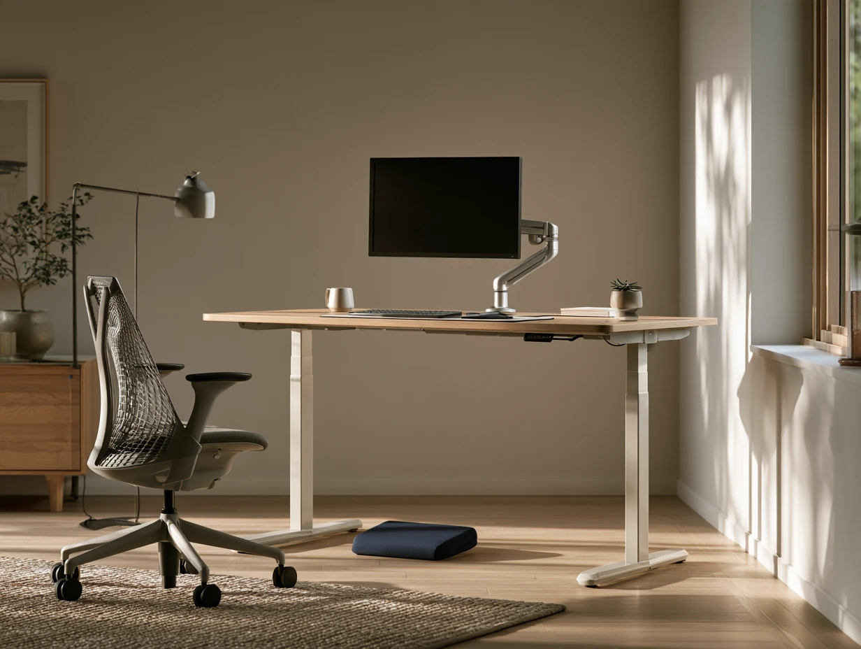 Bureau assis-debout en chêne avec bras d'écran et fauteuil ergonomique