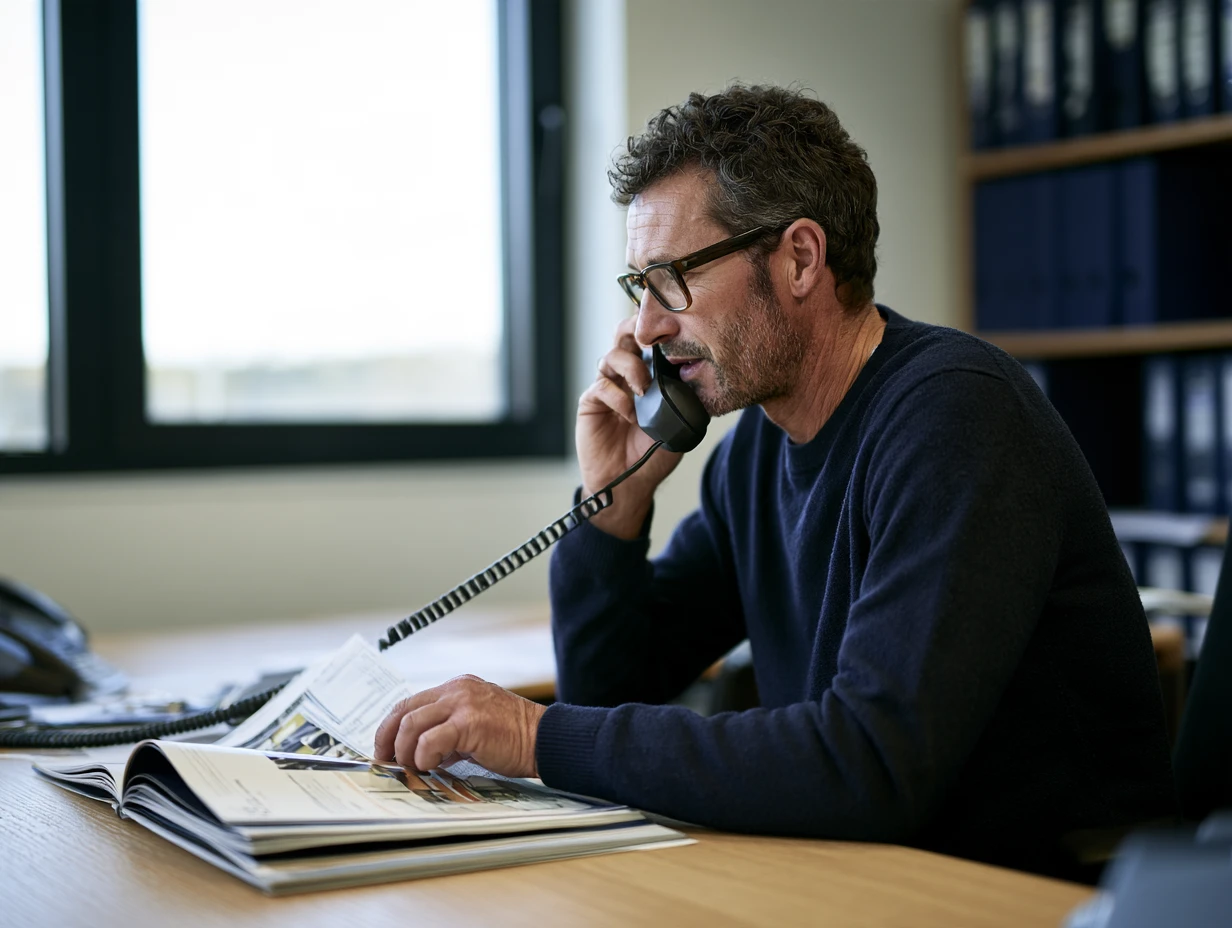 Conseiller au téléphone qui feuillette un catalogue de fournitures à son bureau