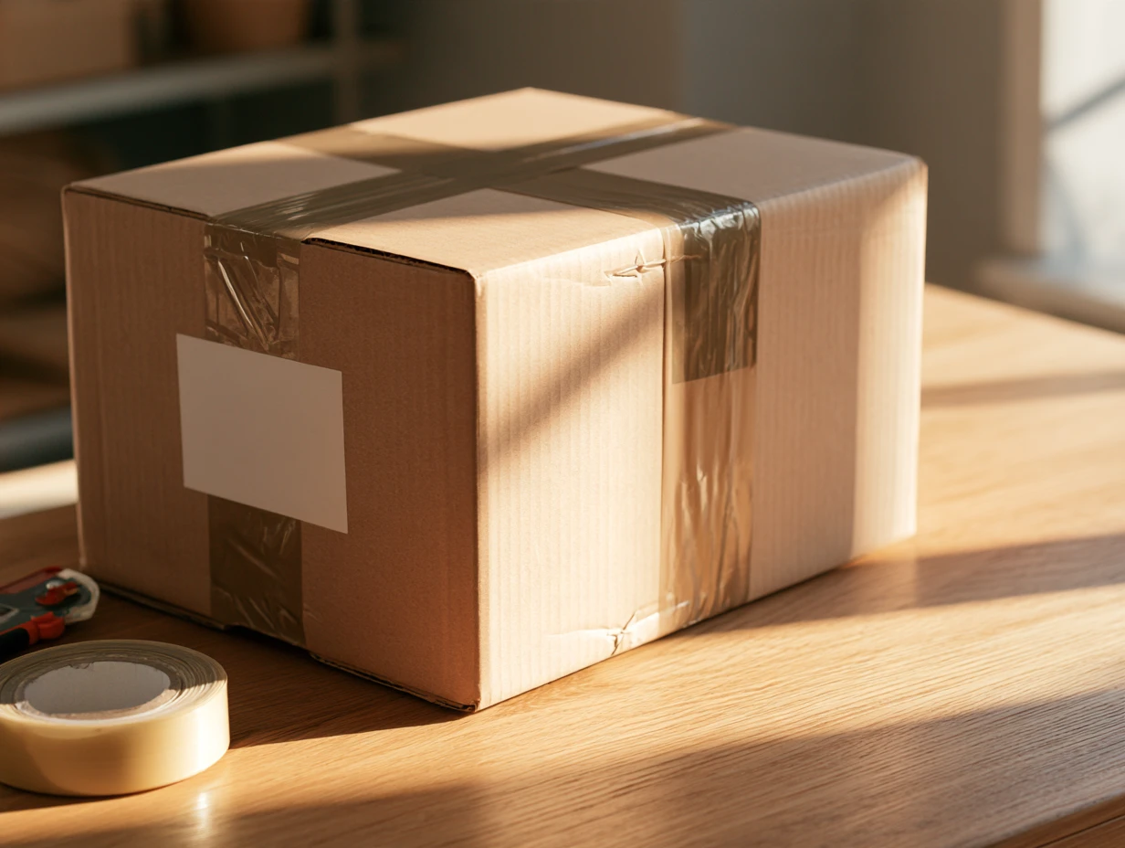Carton kraft fermé avec une étiquette blanche, sur une table en chêne