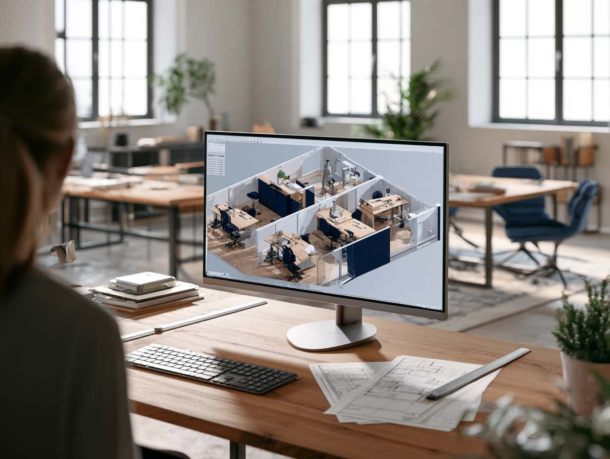 Plan 3D d'un aménagement de bureaux affiché sur un écran