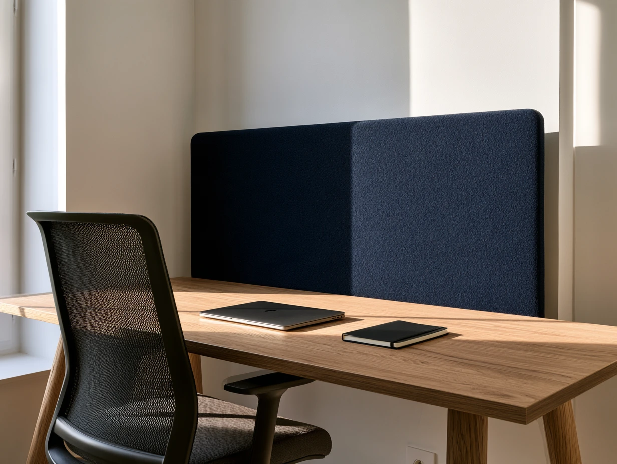 Poste de travail en chêne avec écran acoustique bleu marine et fauteuil ergonomique