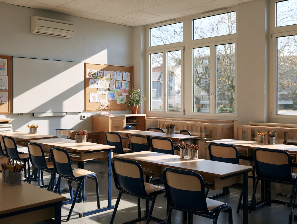 Salle de classe lumineuse avec tables en bois et chaises bleu marine