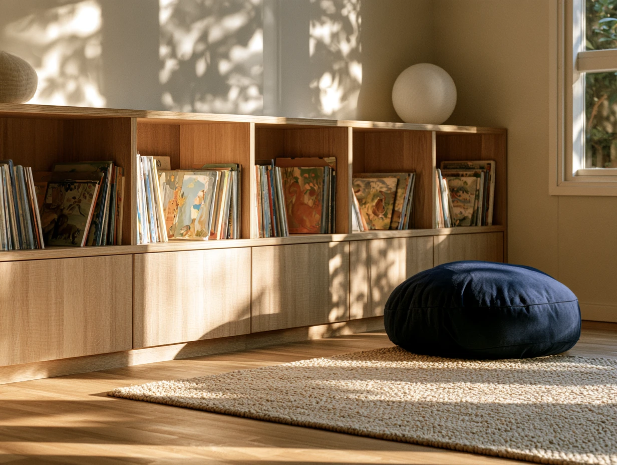 Coin lecture d'une classe de maternelle, bibliothèque basse en chêne et coussin bleu marine