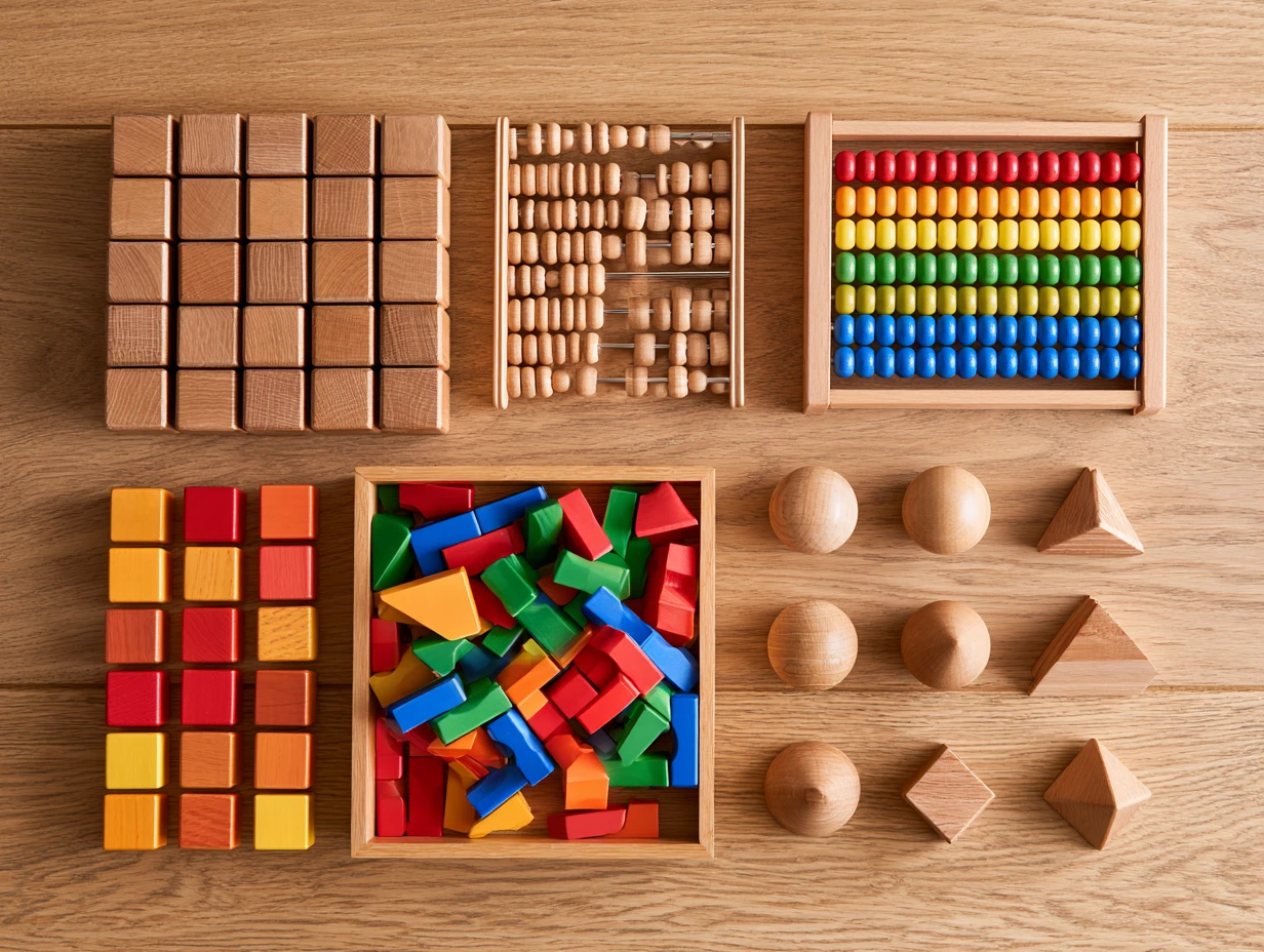 Cubes en bois, bouliers et formes géométriques rangés sur une table en chêne