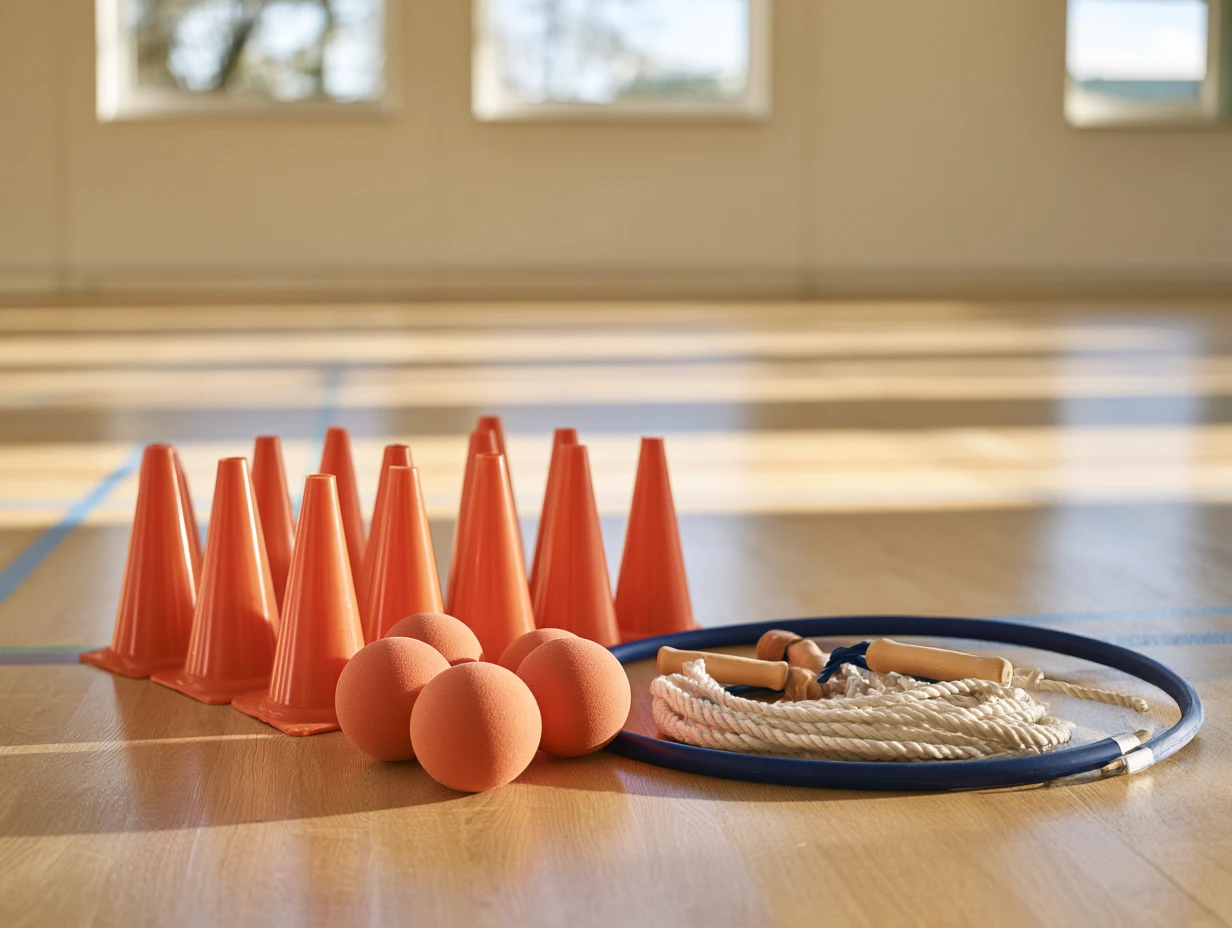 Plots orange, balles en mousse, cordes à sauter et cerceau sur le sol d'un gymnase