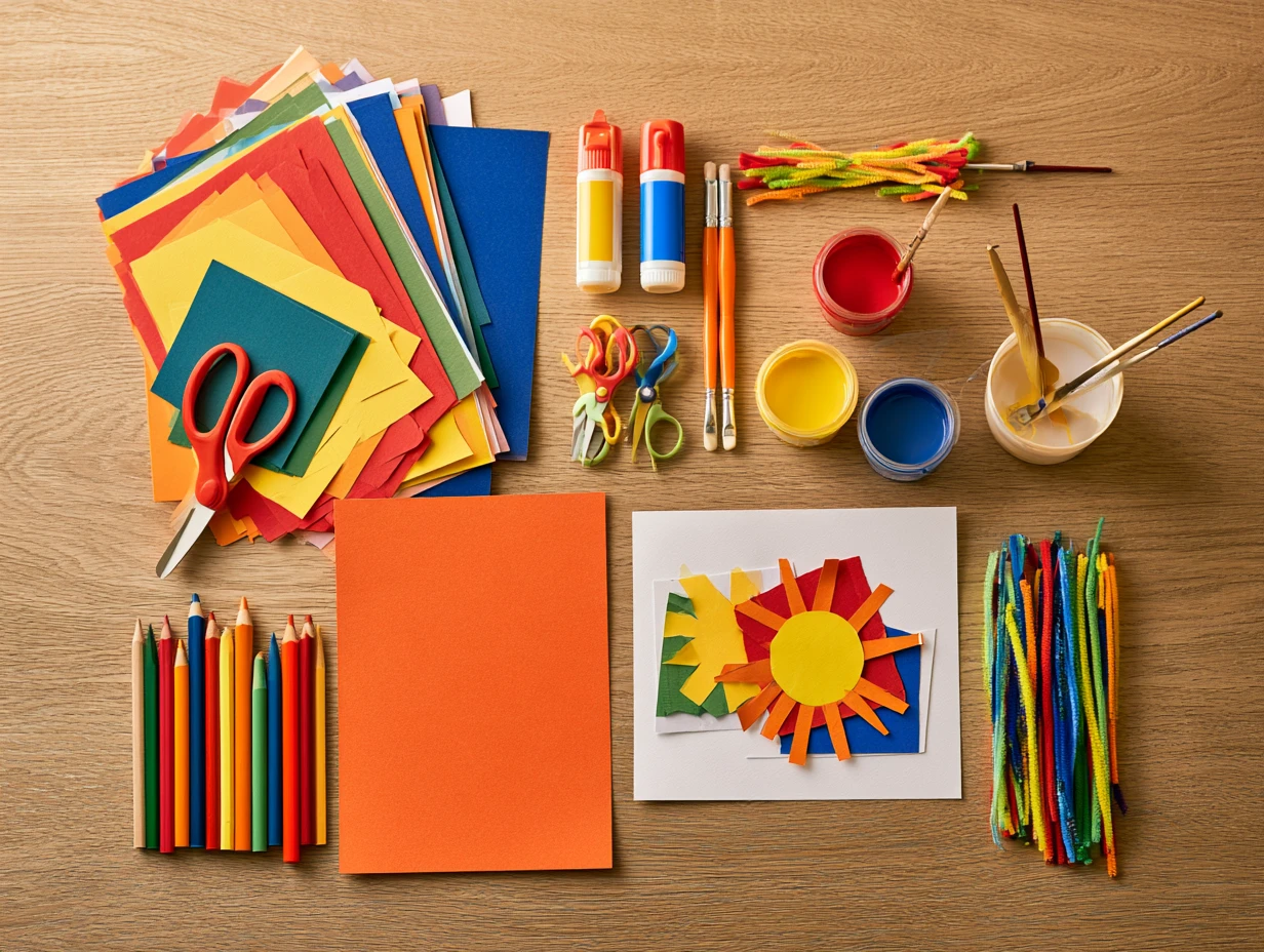 Papiers de couleur, ciseaux, colle, peinture et collage d'enfant sur une table