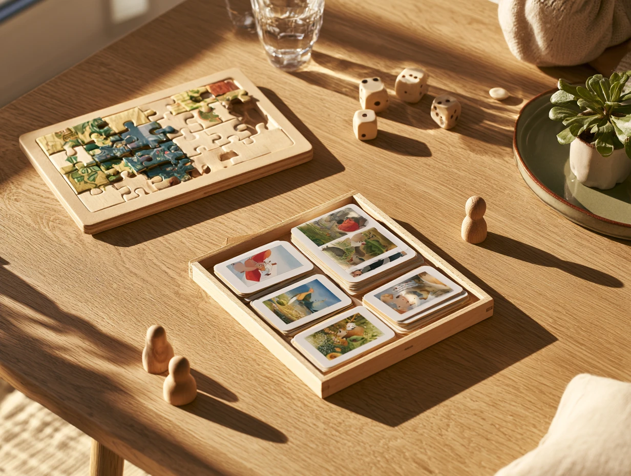 Puzzle en bois, jeu de mémoire et pions sur une table en chêne